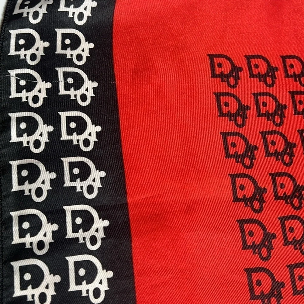 Vintage Christian Dior 35” Silk Red Black White Logo Scarf